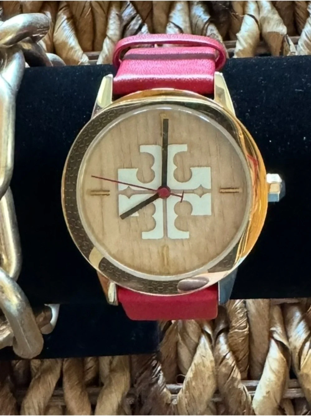 Tory Burch Red Leather Reva Watch with Gold Case 36 mm